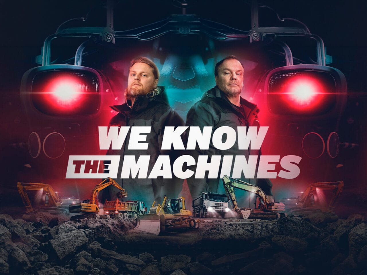Jesse ja Seppo Salomäki työmaakoneiden keskellä Rinta-Jouppi Machinen markkinointikuvassa “We Know The Machines” -tekstillä