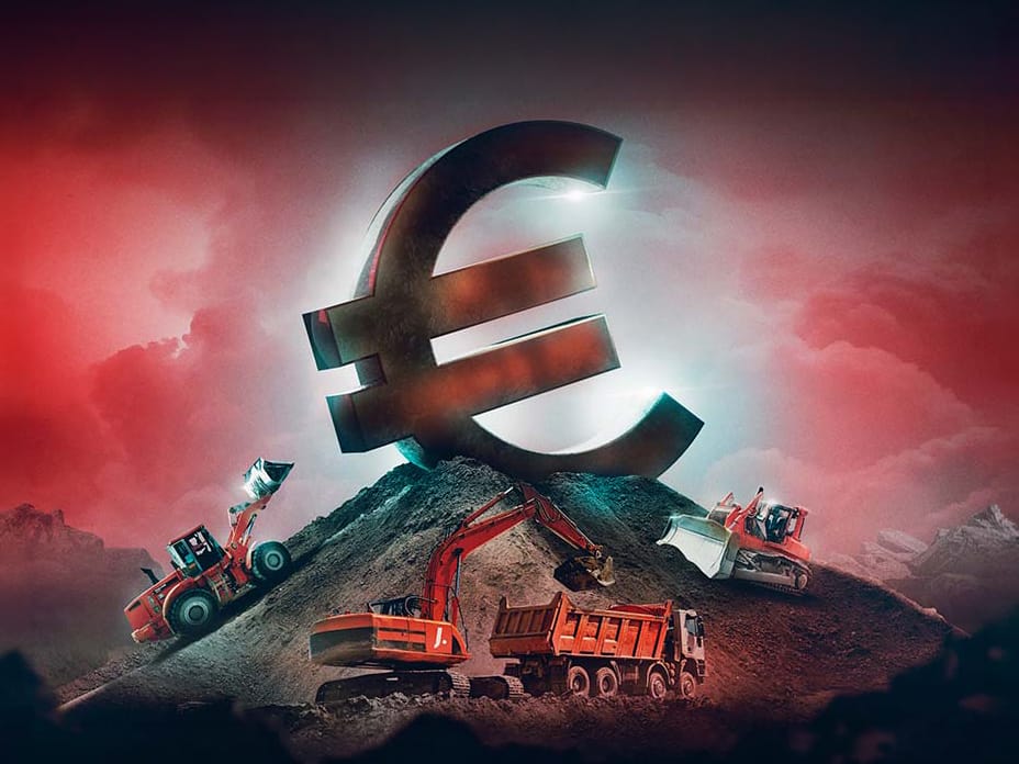 Euro-symboli ja maanrakennuskoneet työmaalla kuvaamassa konealan rahoitusta ja investointeja