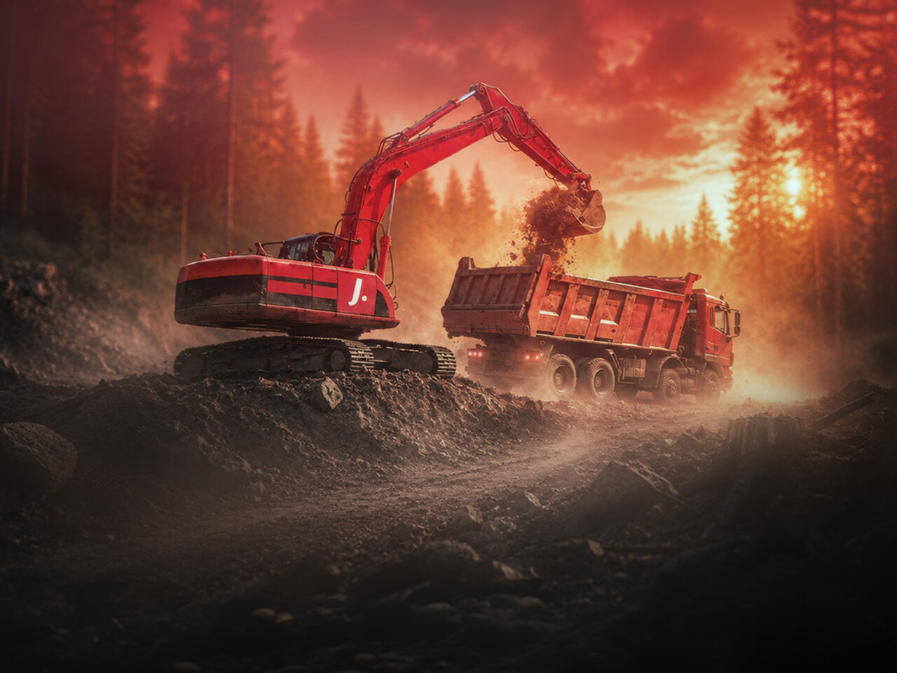 Kaivinkone lastaamassa maa-ainesta kuorma-autoon metsäisessä työmaa-ympäristössä.